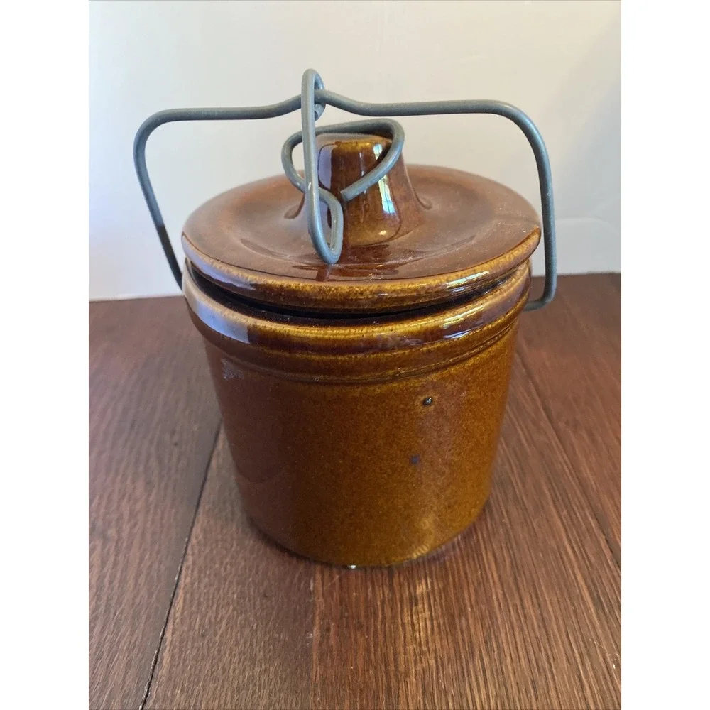 Vintage Cheese Crock with Locking Wire‎ Bail Lid Dark Brown Glaze Jar